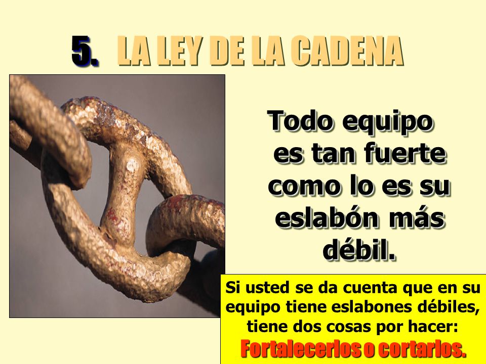 5. LA LEY DE LA CADENA Todo equipo es tan fuerte como lo es su eslabón más débil. Si usted se da cuenta que en su.