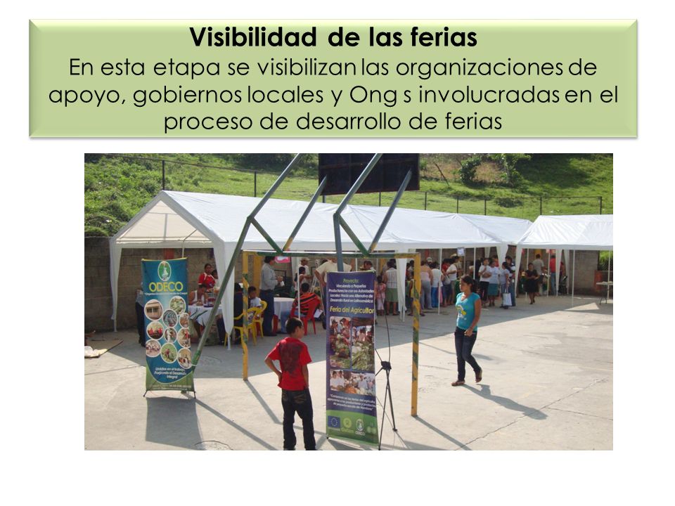 Visibilidad de las ferias En esta etapa se visibilizan las organizaciones de apoyo, gobiernos locales y Ong s involucradas en el proceso de desarrollo de ferias