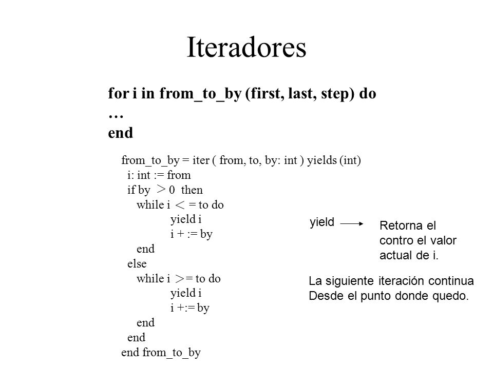 Iteradores for i in from_to_by (first, last, step) do … end