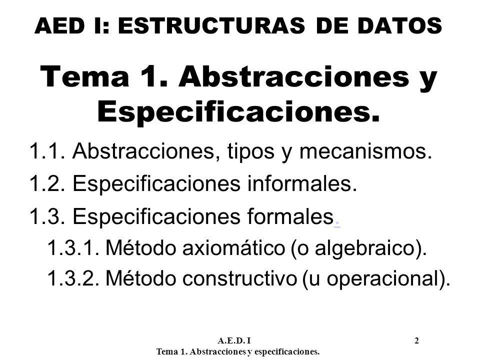 AED I: ESTRUCTURAS DE DATOS Tema 1. Abstracciones y Especificaciones.
