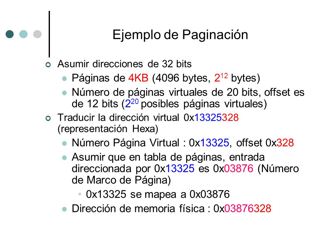 Ejemplo de Paginación Páginas de 4KB (4096 bytes, 212 bytes)
