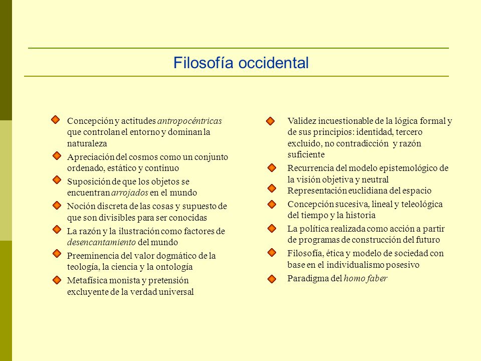 Filosofía occidental Concepción y actitudes antropocéntricas que controlan el entorno y dominan la naturaleza.