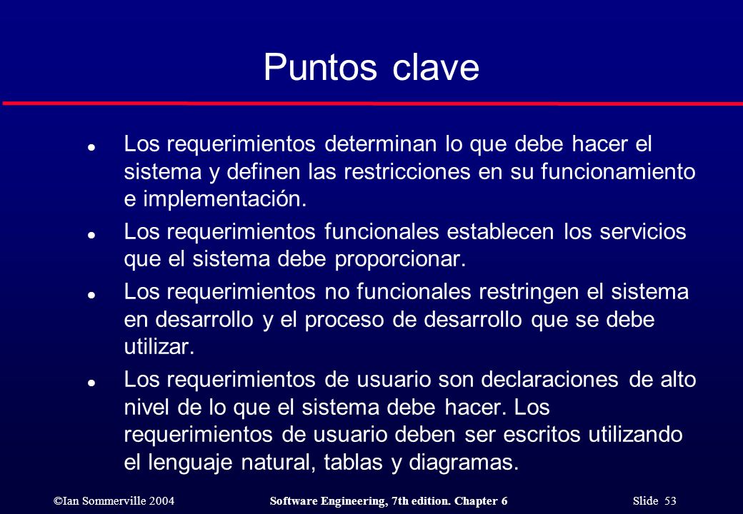 Puntos clave Los requerimientos determinan lo que debe hacer el sistema y definen las restricciones en su funcionamiento e implementación.
