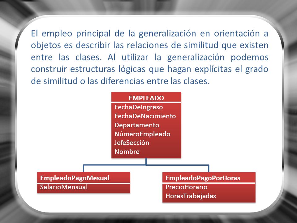 El empleo principal de la generalización en orientación a objetos es describir las relaciones de similitud que existen entre las clases. Al utilizar la generalización podemos construir estructuras lógicas que hagan explícitas el grado de similitud o las diferencias entre las clases.