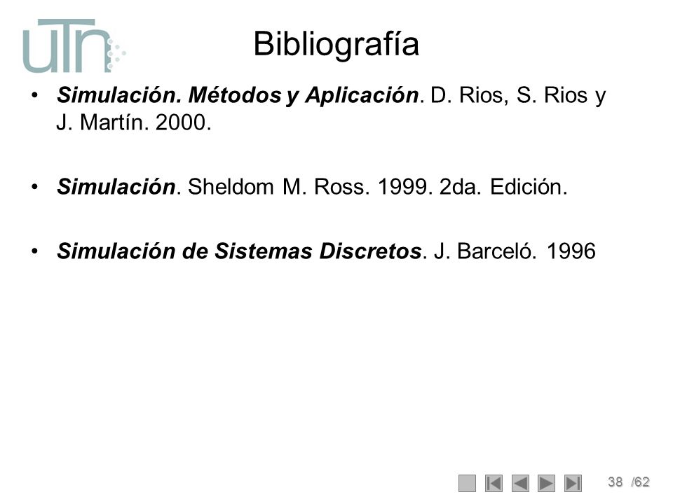 Bibliografía Simulación. Métodos y Aplicación. D. Rios, S. Rios y J. Martín Simulación. Sheldom M. Ross da. Edición.