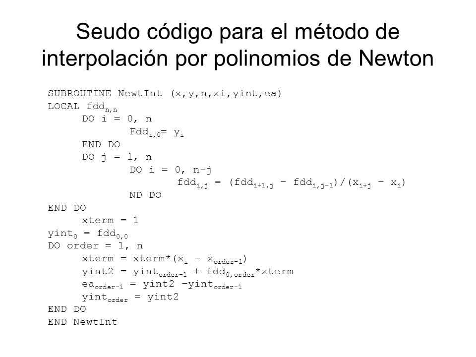 Seudo código para el método de interpolación por polinomios de Newton