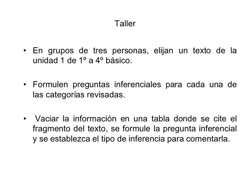 Taller En grupos de tres personas, elijan un texto de la unidad 1 de 1º a 4º básico.