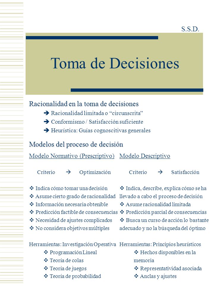 Toma de Decisiones S.S.D. Racionalidad en la toma de decisiones