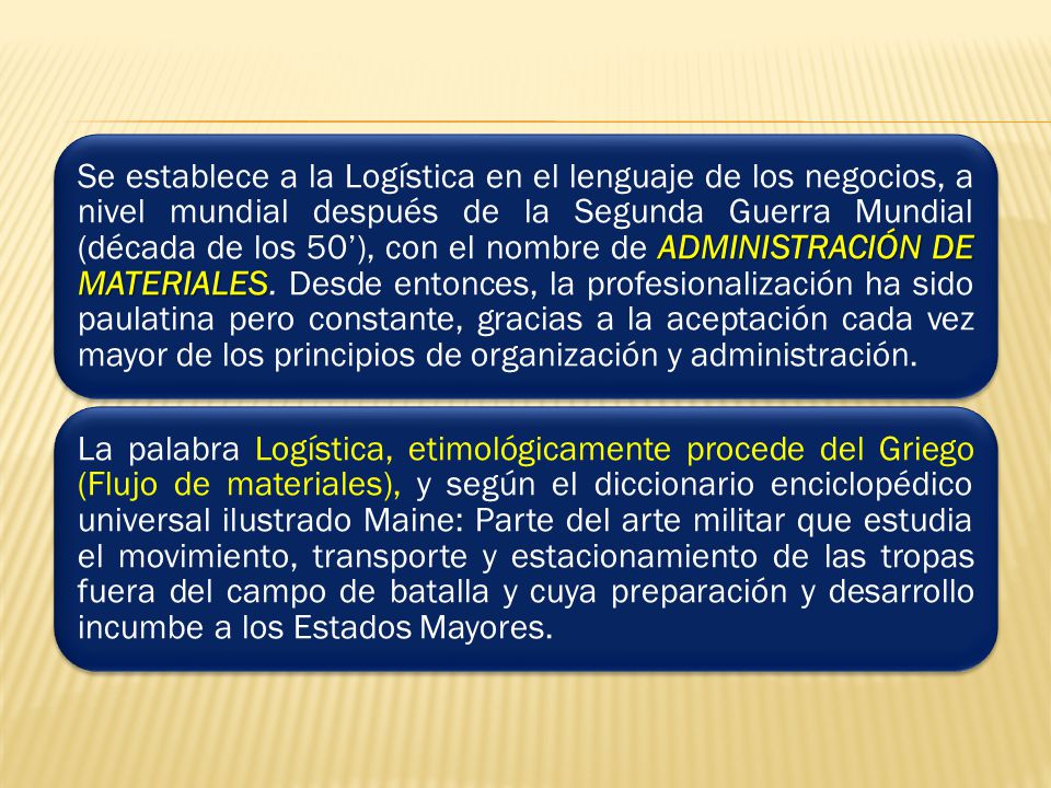 Se establece a la Logística en el lenguaje de los negocios, a nivel mundial después de la Segunda Guerra Mundial (década de los 50’), con el nombre de ADMINISTRACIÓN DE MATERIALES. Desde entonces, la profesionalización ha sido paulatina pero constante, gracias a la aceptación cada vez mayor de los principios de organización y administración.