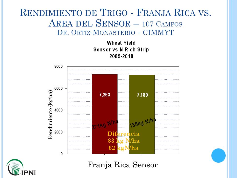 Rendimiento de Trigo - Franja Rica vs. Area del Sensor – 107 Campos