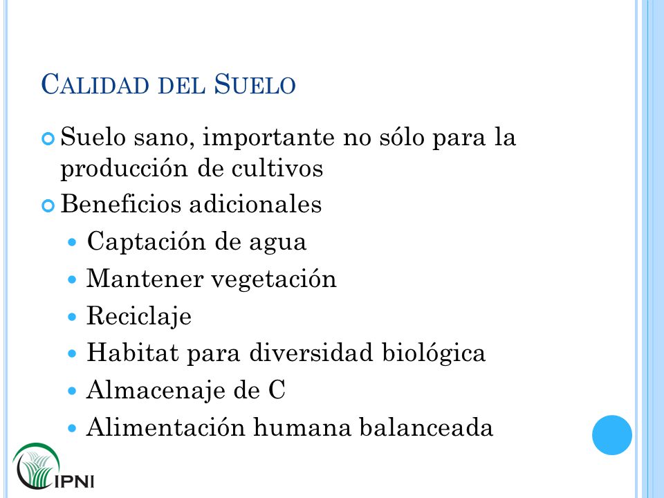 Calidad del Suelo Suelo sano, importante no sólo para la producción de cultivos. Beneficios adicionales.