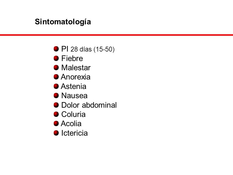 Sintomatología PI 28 días (15-50) Fiebre. Malestar. Anorexia. Astenia. Nausea. Dolor abdominal.