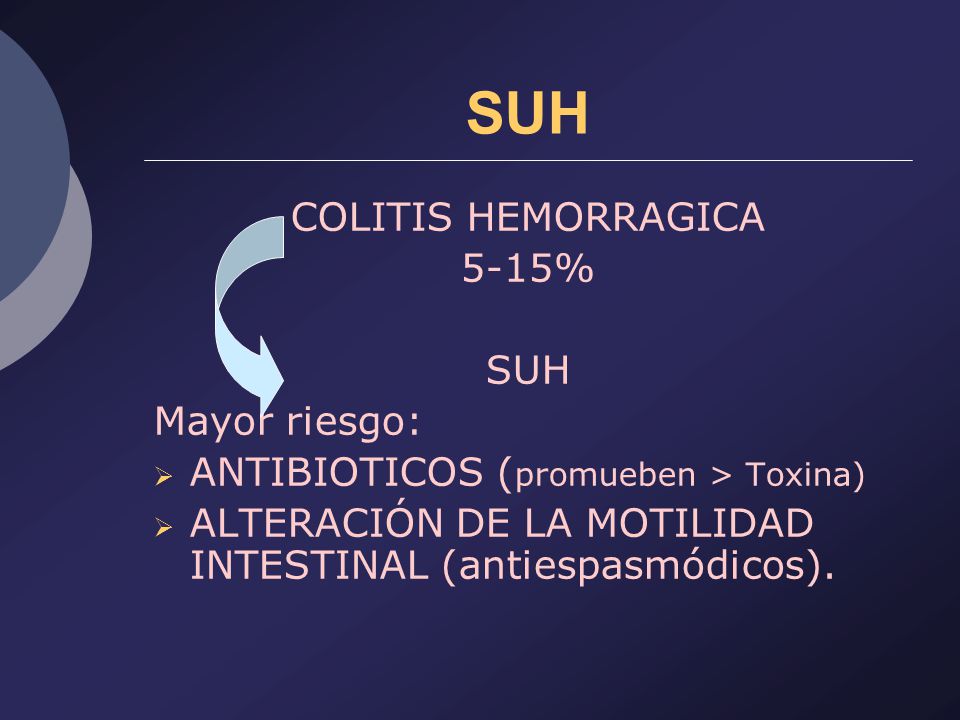 SUH COLITIS HEMORRAGICA 5-15% SUH Mayor riesgo: