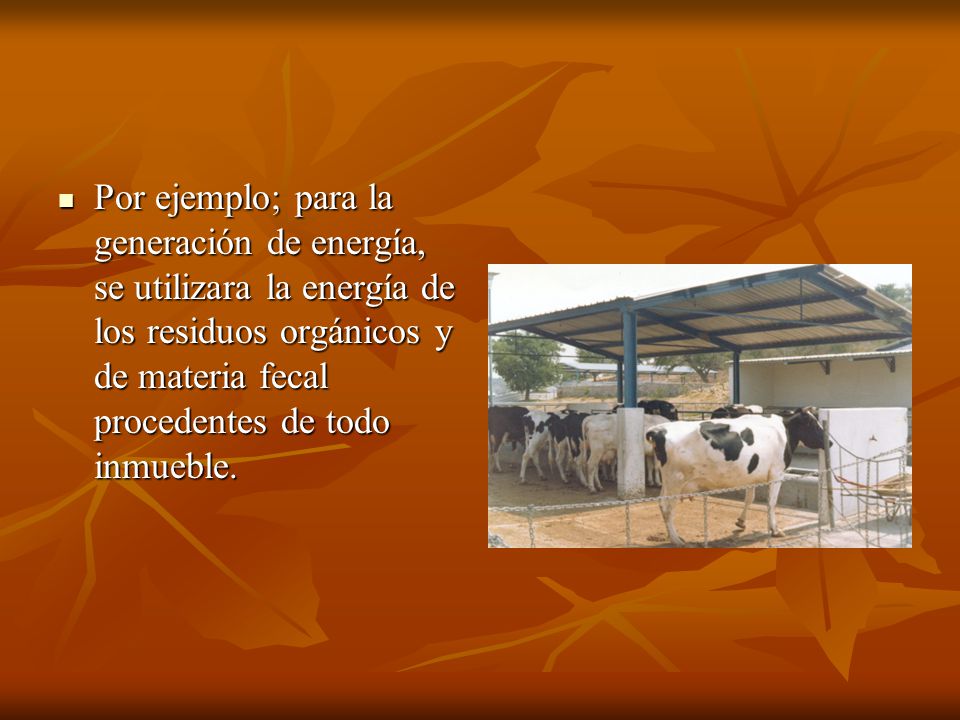 Por ejemplo; para la generación de energía, se utilizara la energía de los residuos orgánicos y de materia fecal procedentes de todo inmueble.