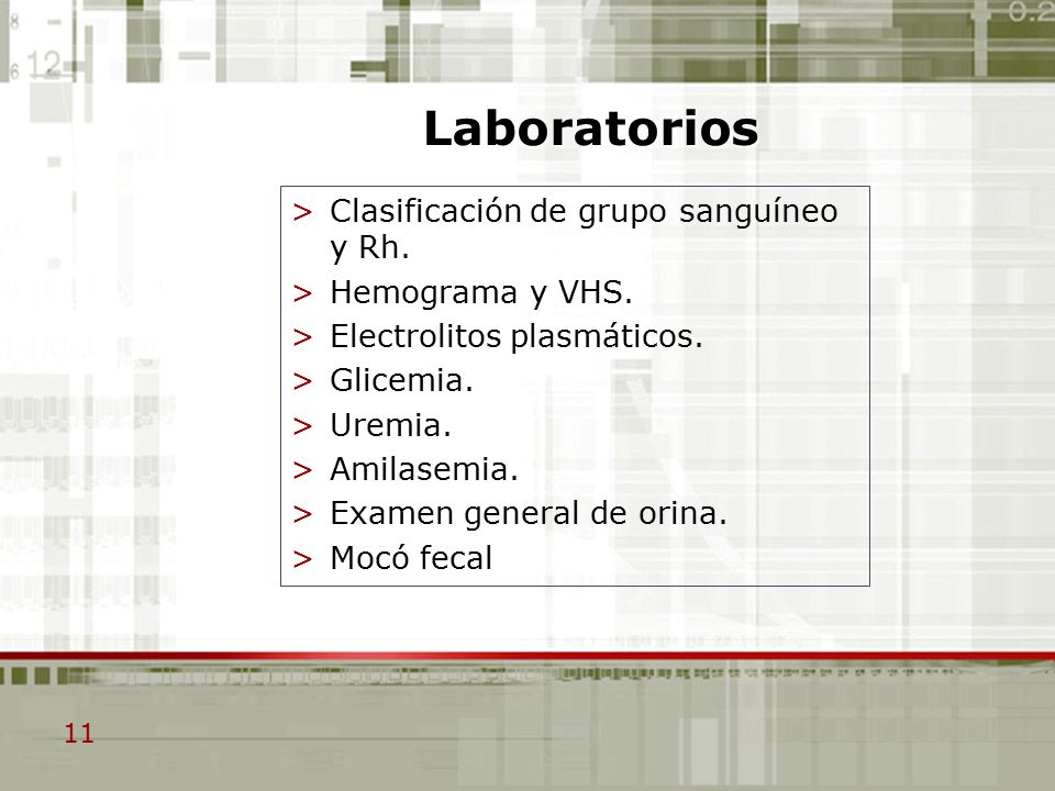 Laboratorios Clasificación de grupo sanguíneo y Rh. Hemograma y VHS.