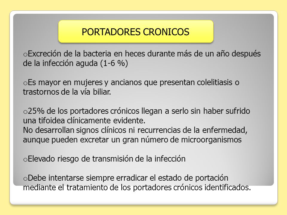 PORTADORES CRONICOS Excreción de la bacteria en heces durante más de un año después de la infección aguda (1-6 %)