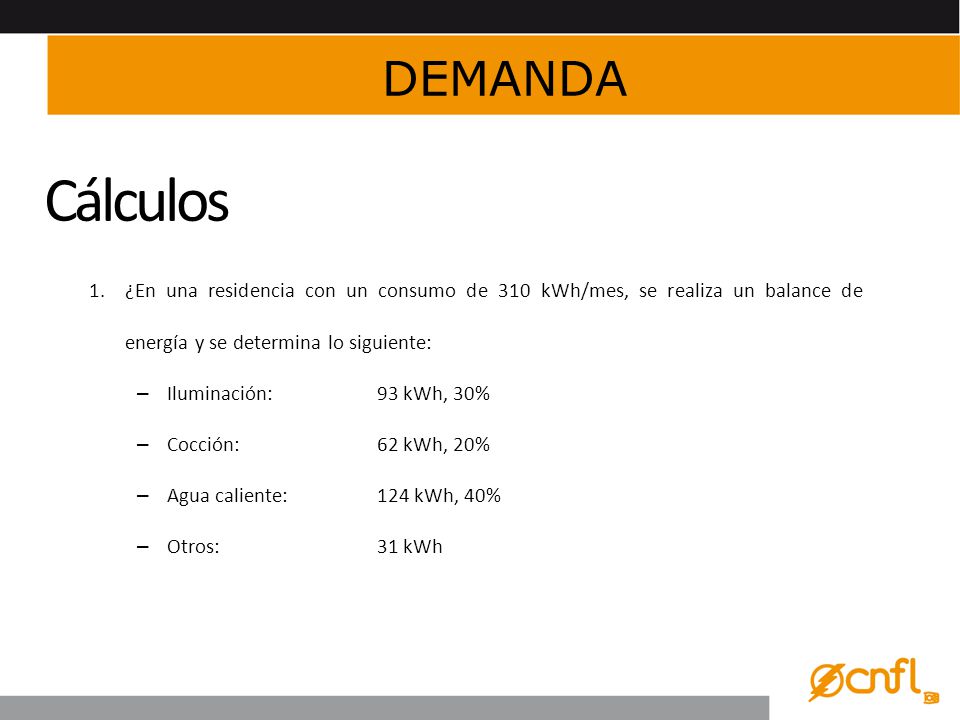 DEMANDA Cálculos. ¿En una residencia con un consumo de 310 kWh/mes, se realiza un balance de energía y se determina lo siguiente: