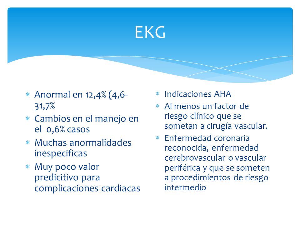 EKG Anormal en 12,4% (4,6-31,7% Cambios en el manejo en el 0,6% casos
