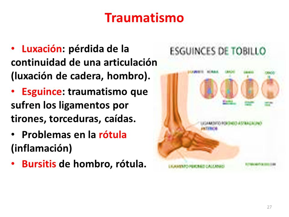 Traumatismo Luxación: pérdida de la continuidad de una articulación (luxación de cadera, hombro).