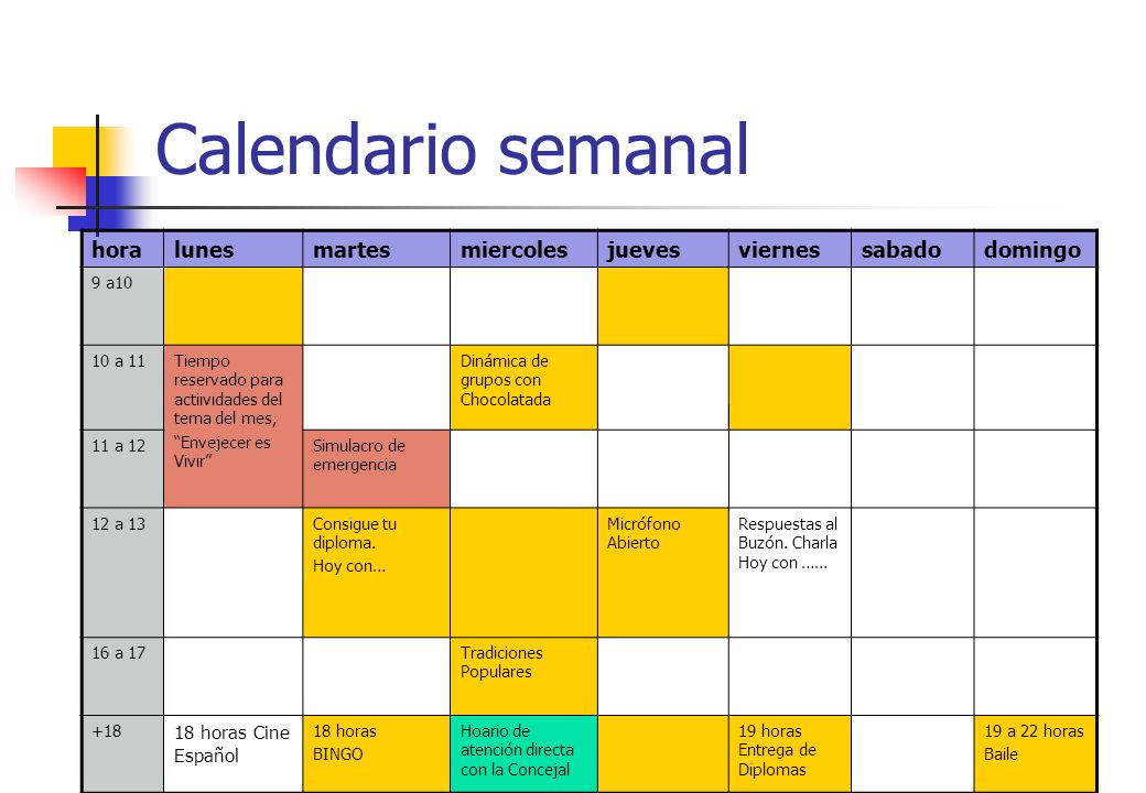 Calendario semanal hora lunes martes miercoles jueves viernes sabado