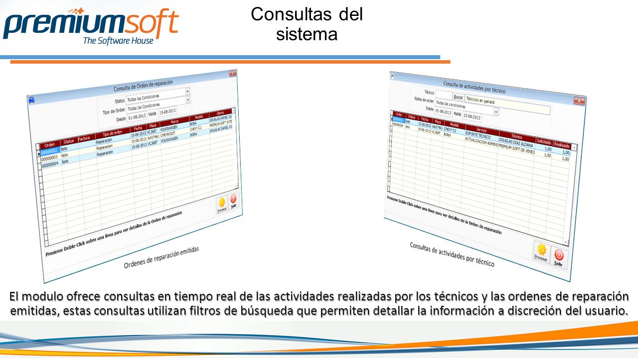 Consultas del sistema Ordenes de reparación emitidas. Consultas de actividades por técnico.