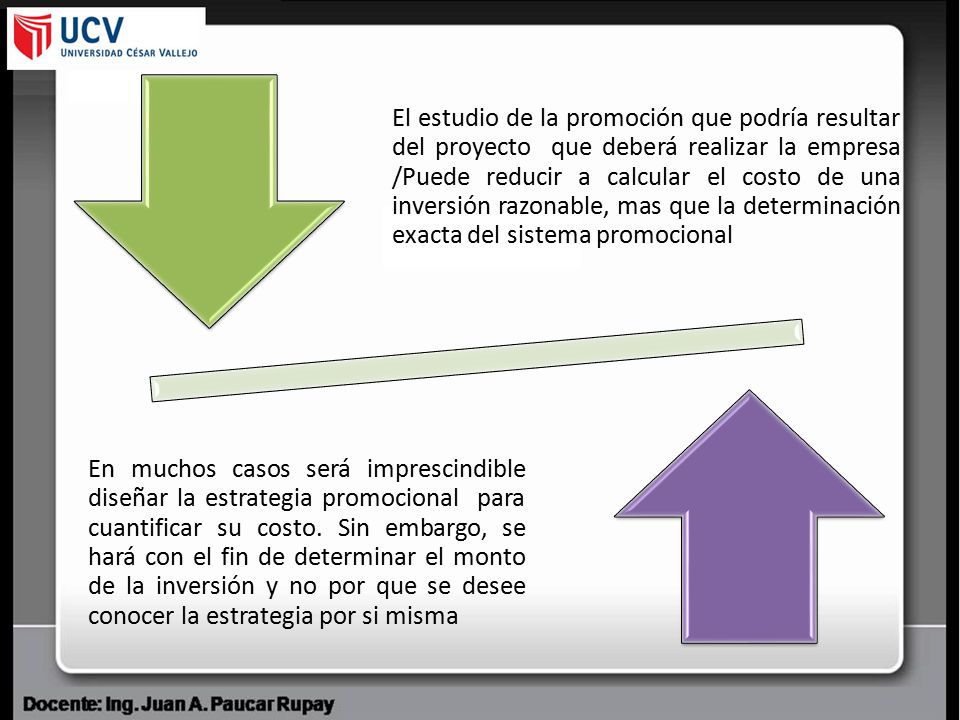 El estudio de la promoción que podría resultar del proyecto que deberá realizar la empresa /Puede reducir a calcular el costo de una inversión razonable, mas que la determinación exacta del sistema promocional