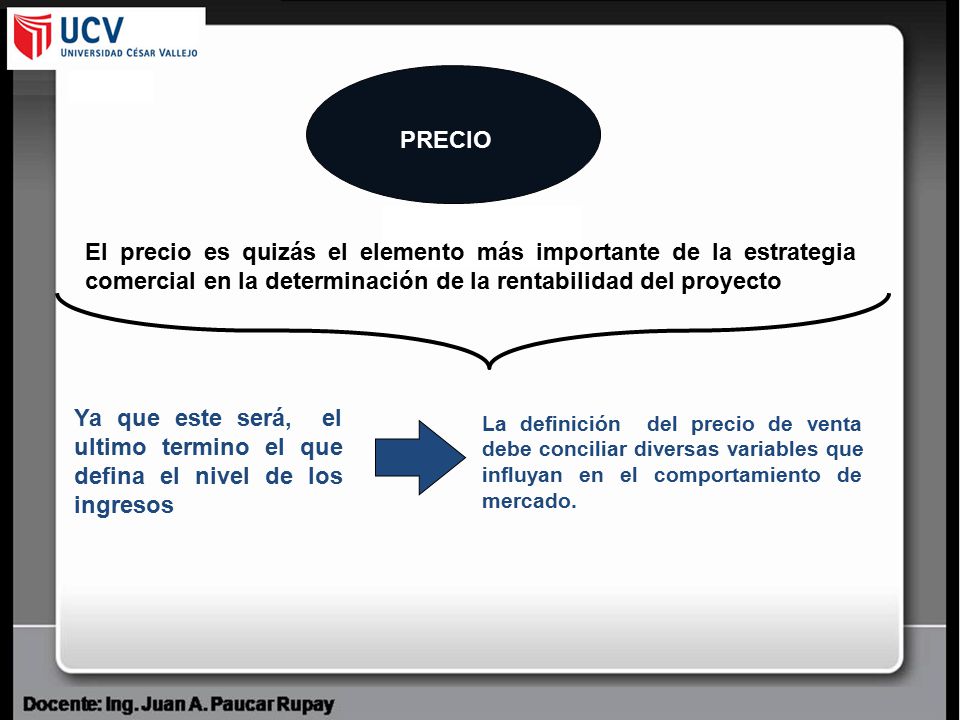 PRECIO El precio es quizás el elemento más importante de la estrategia comercial en la determinación de la rentabilidad del proyecto.