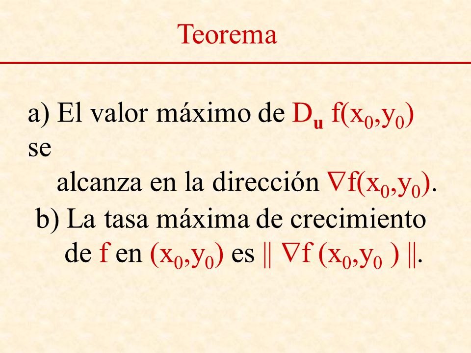Teorema a) El valor máximo de Du f(x0,y0) se. alcanza en la dirección f(x0,y0). b) La tasa máxima de crecimiento.