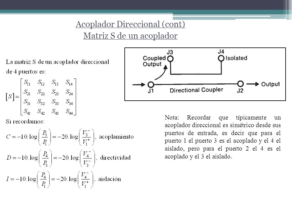 Acoplador Direccional (cont) Matriz S de un acoplador