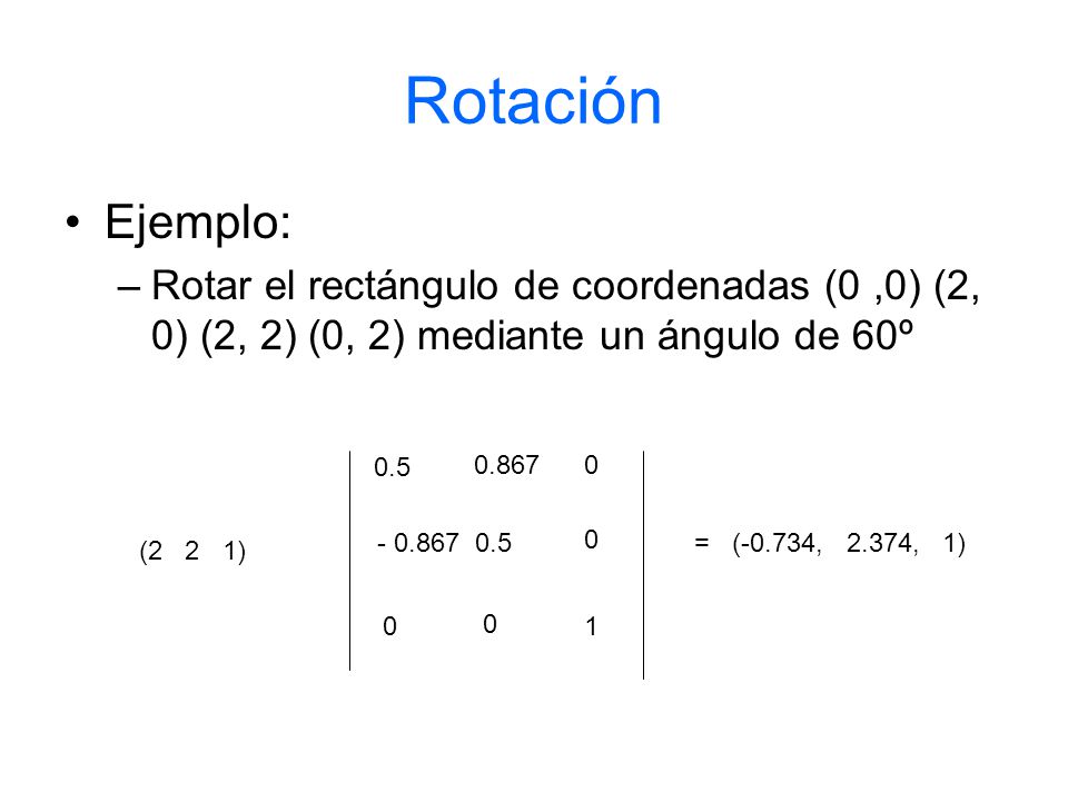 Rotación Ejemplo: Rotar el rectángulo de coordenadas (0 ,0) (2, 0) (2, 2) (0, 2) mediante un ángulo de 60º.