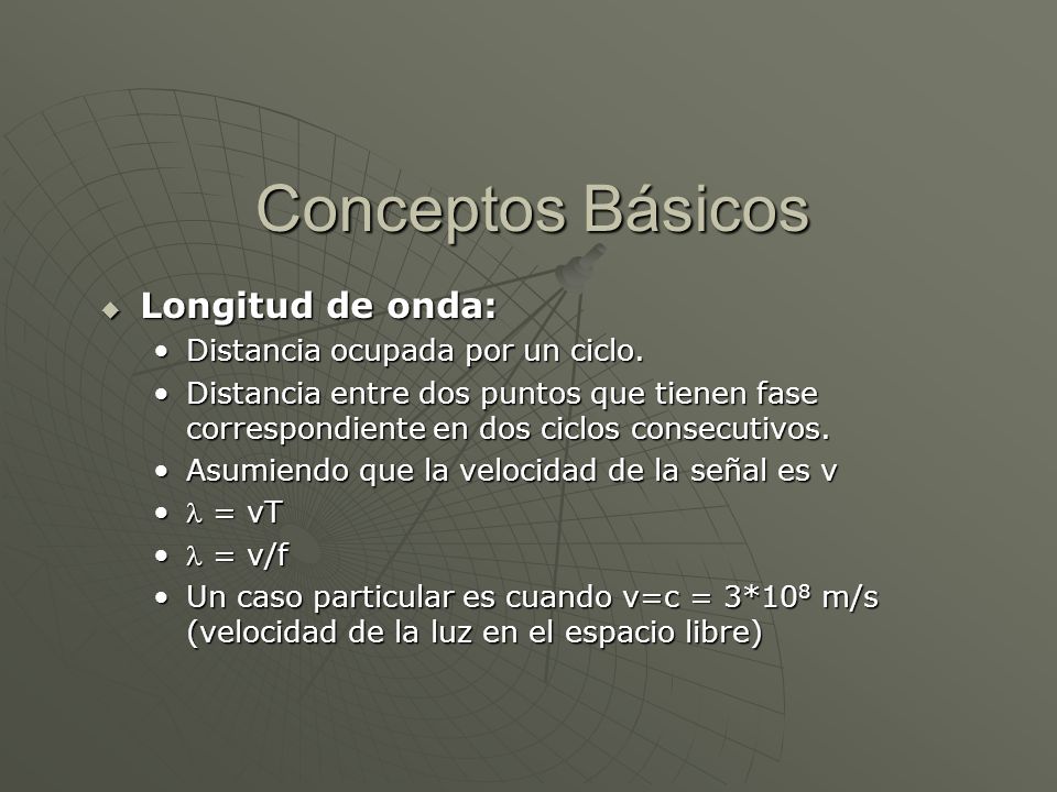 Conceptos Básicos Longitud de onda: Distancia ocupada por un ciclo.