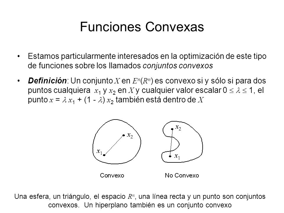 Funciones Convexas Estamos particularmente interesados en la optimización de este tipo de funciones sobre los llamados conjuntos convexos.