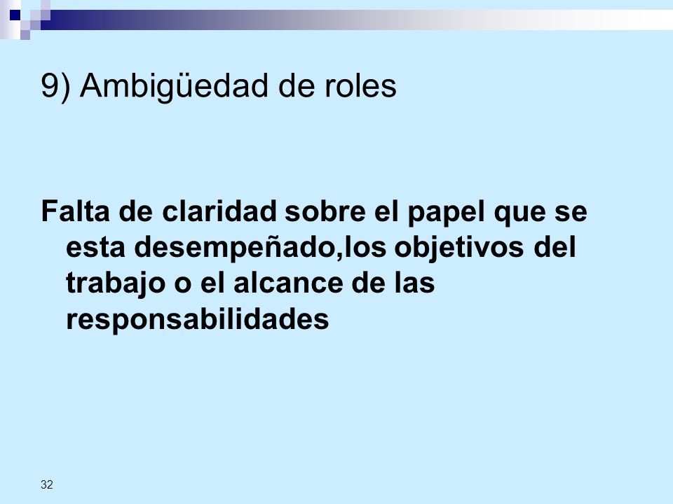 9) Ambigüedad de roles Falta de claridad sobre el papel que se esta desempeñado,los objetivos del trabajo o el alcance de las responsabilidades.
