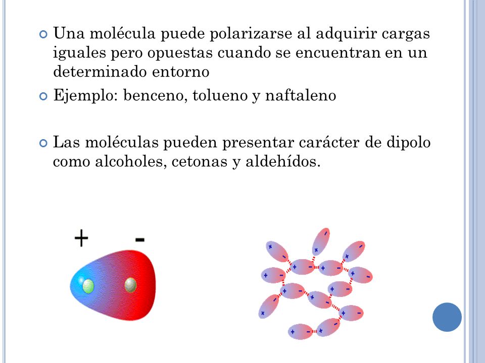 Una molécula puede polarizarse al adquirir cargas iguales pero opuestas cuando se encuentran en un determinado entorno