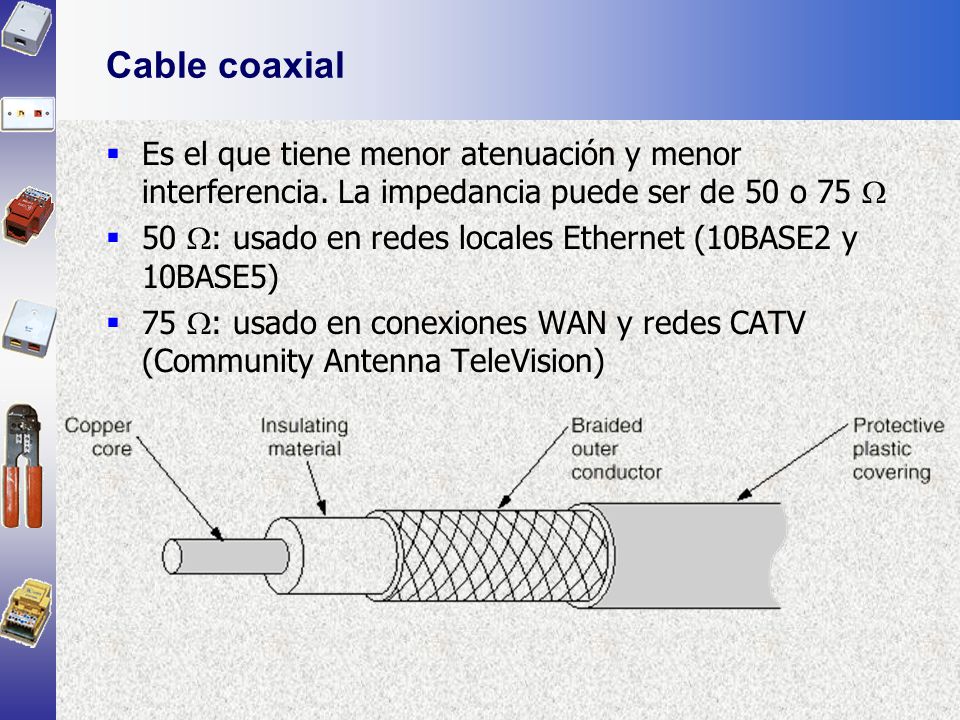 Cable coaxial Es el que tiene menor atenuación y menor interferencia. La impedancia puede ser de 50 o 75 
