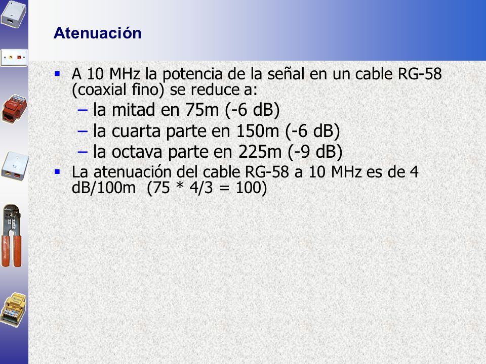 la cuarta parte en 150m (-6 dB) la octava parte en 225m (-9 dB)