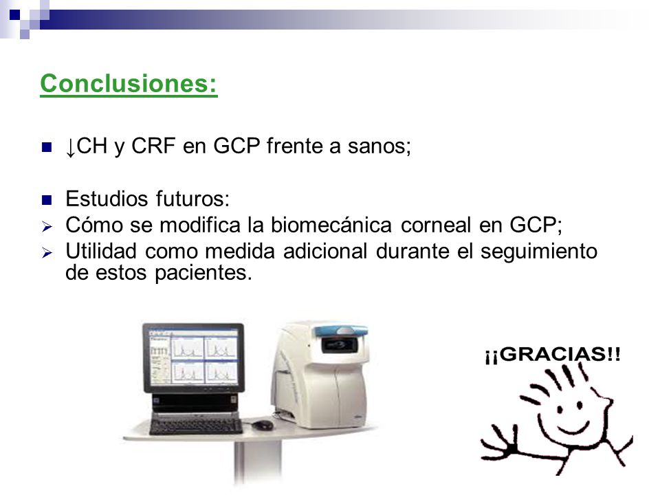 Conclusiones: ↓CH y CRF en GCP frente a sanos; Estudios futuros: