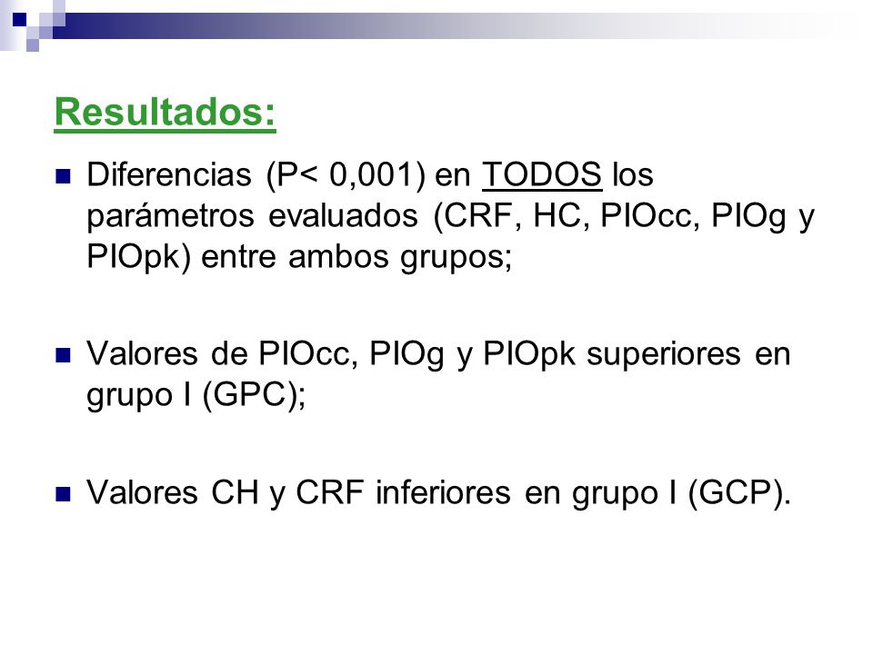 Resultados: Diferencias (P< 0,001) en TODOS los parámetros evaluados (CRF, HC, PIOcc, PIOg y PIOpk) entre ambos grupos;