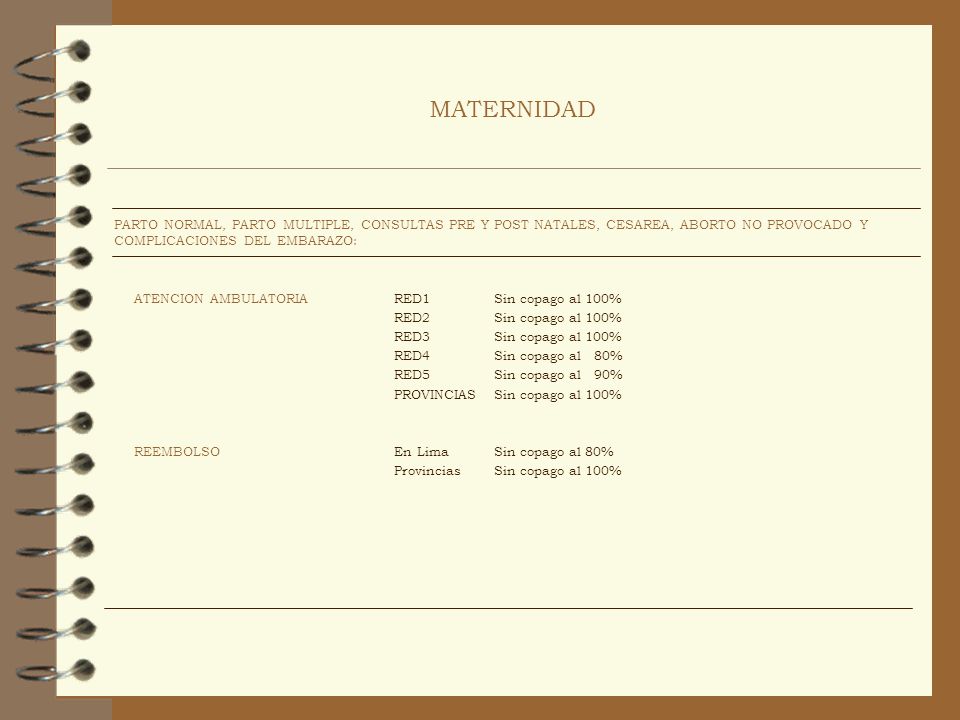 MATERNIDAD PARTO NORMAL, PARTO MULTIPLE, CONSULTAS PRE Y POST NATALES, CESAREA, ABORTO NO PROVOCADO Y COMPLICACIONES DEL EMBARAZO:
