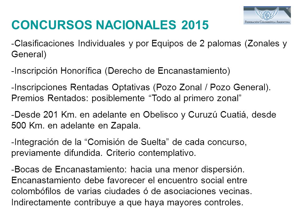 CONCURSOS NACIONALES Clasificaciones Individuales y por Equipos de 2 palomas (Zonales y General)
