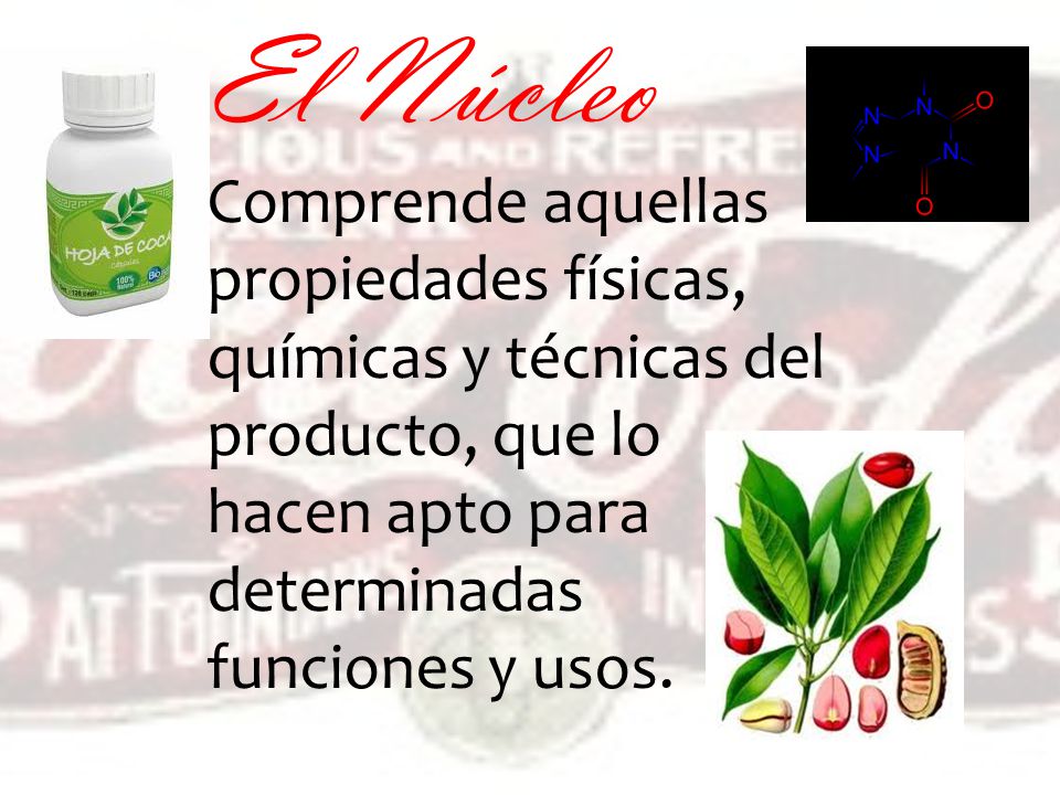 El Núcleo Comprende aquellas propiedades físicas, químicas y técnicas del producto, que lo hacen apto para determinadas funciones y usos.
