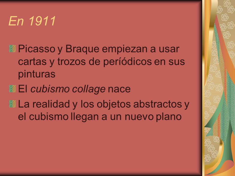 En 1911 Picasso y Braque empiezan a usar cartas y trozos de períódicos en sus pinturas. El cubismo collage nace.