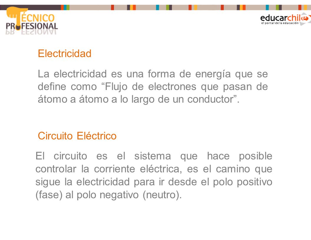 Electricidad La electricidad es una forma de energía que se define como Flujo de electrones que pasan de átomo a átomo a lo largo de un conductor .