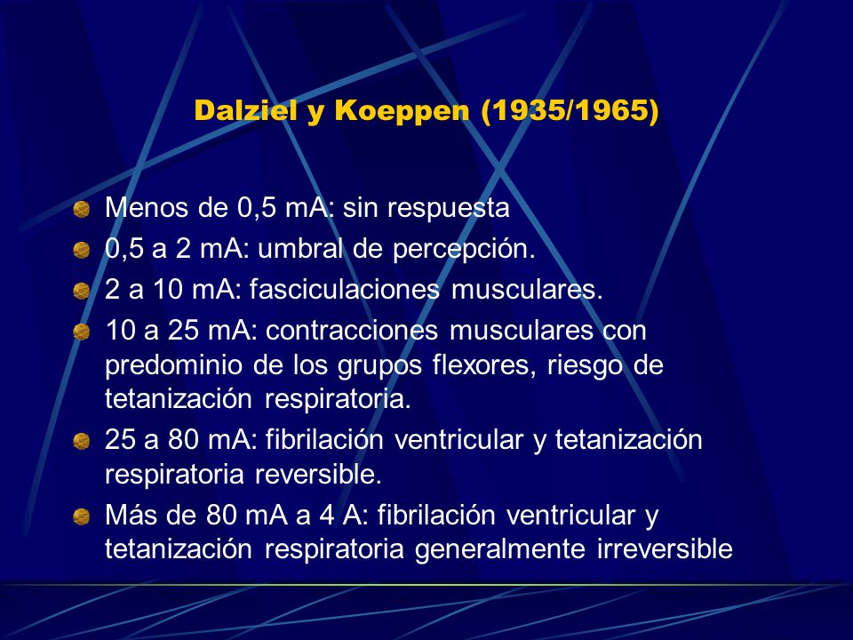 Dalziel y Koeppen (1935/1965) Menos de 0,5 mA: sin respuesta. 0,5 a 2 mA: umbral de percepción. 2 a 10 mA: fasciculaciones musculares.