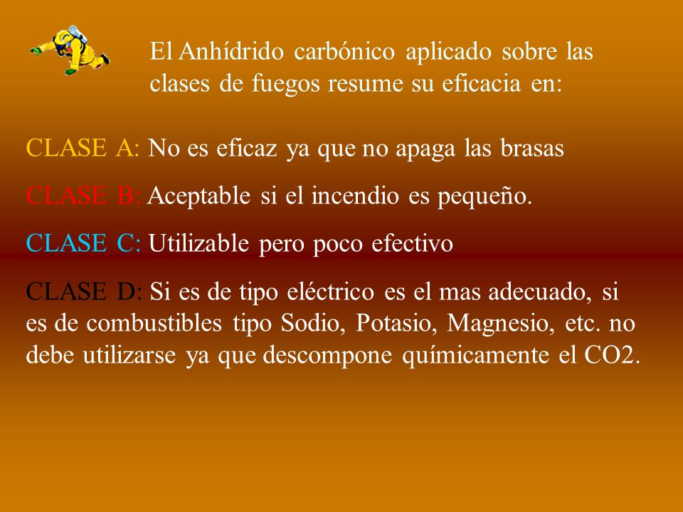 El Anhídrido carbónico aplicado sobre las clases de fuegos resume su eficacia en:
