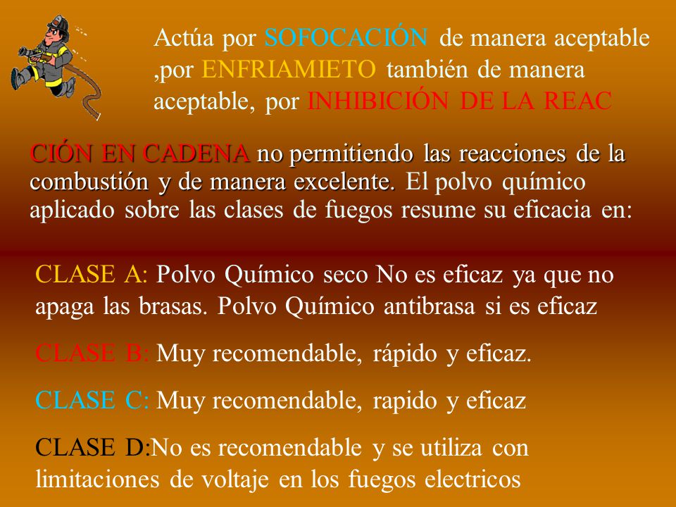 Actúa por SOFOCACIÓN de manera aceptable ,por ENFRIAMIETO también de manera aceptable, por INHIBICIÓN DE LA REAC