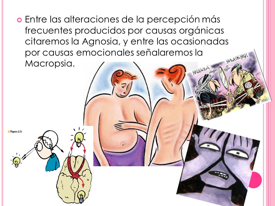 Entre las alteraciones de la percepción más frecuentes producidos por causas orgánicas citaremos la Agnosia, y entre las ocasionadas por causas emocionales señalaremos la Macropsia.