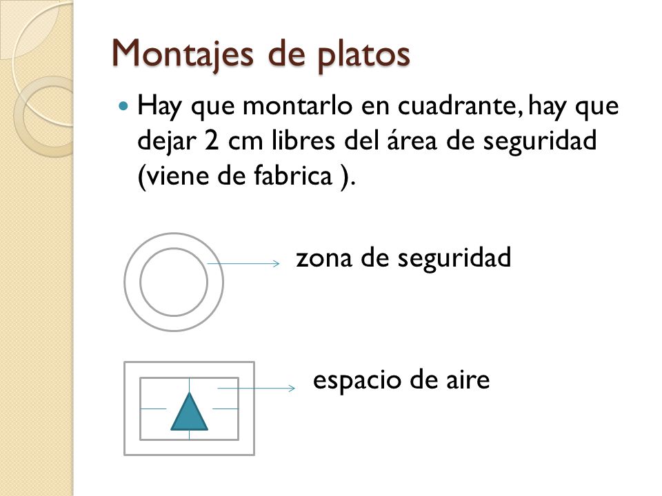 Montajes de platos Hay que montarlo en cuadrante, hay que dejar 2 cm libres del área de seguridad (viene de fabrica ).