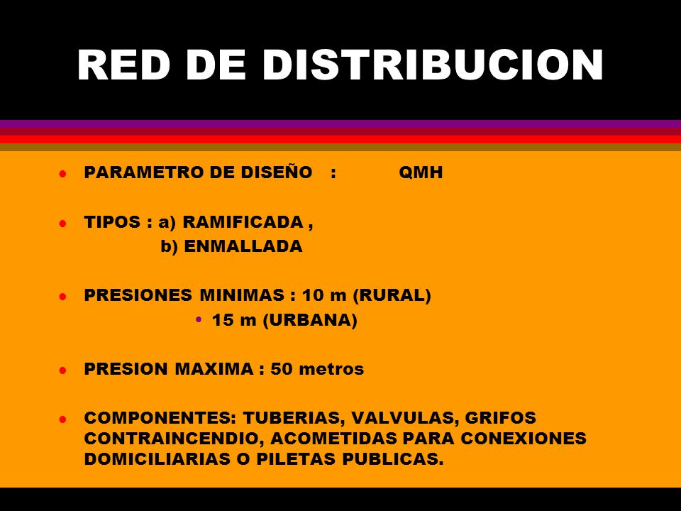 RED DE DISTRIBUCION PARAMETRO DE DISEÑO : QMH TIPOS : a) RAMIFICADA ,