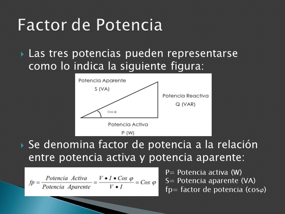 Factor de Potencia Las tres potencias pueden representarse como lo indica la siguiente figura: